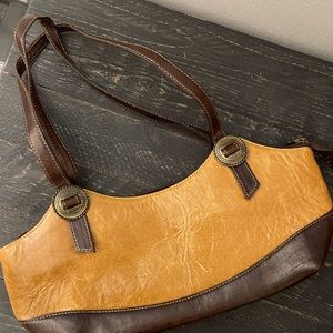 Tan satchel bag in tan and brown